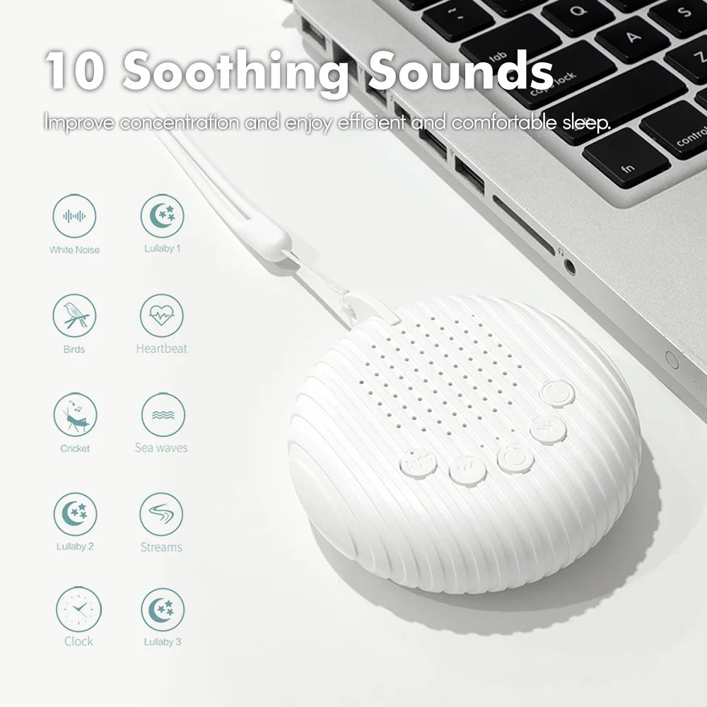 Portable baby sleep machine with white noise and 10 relaxing sound options

