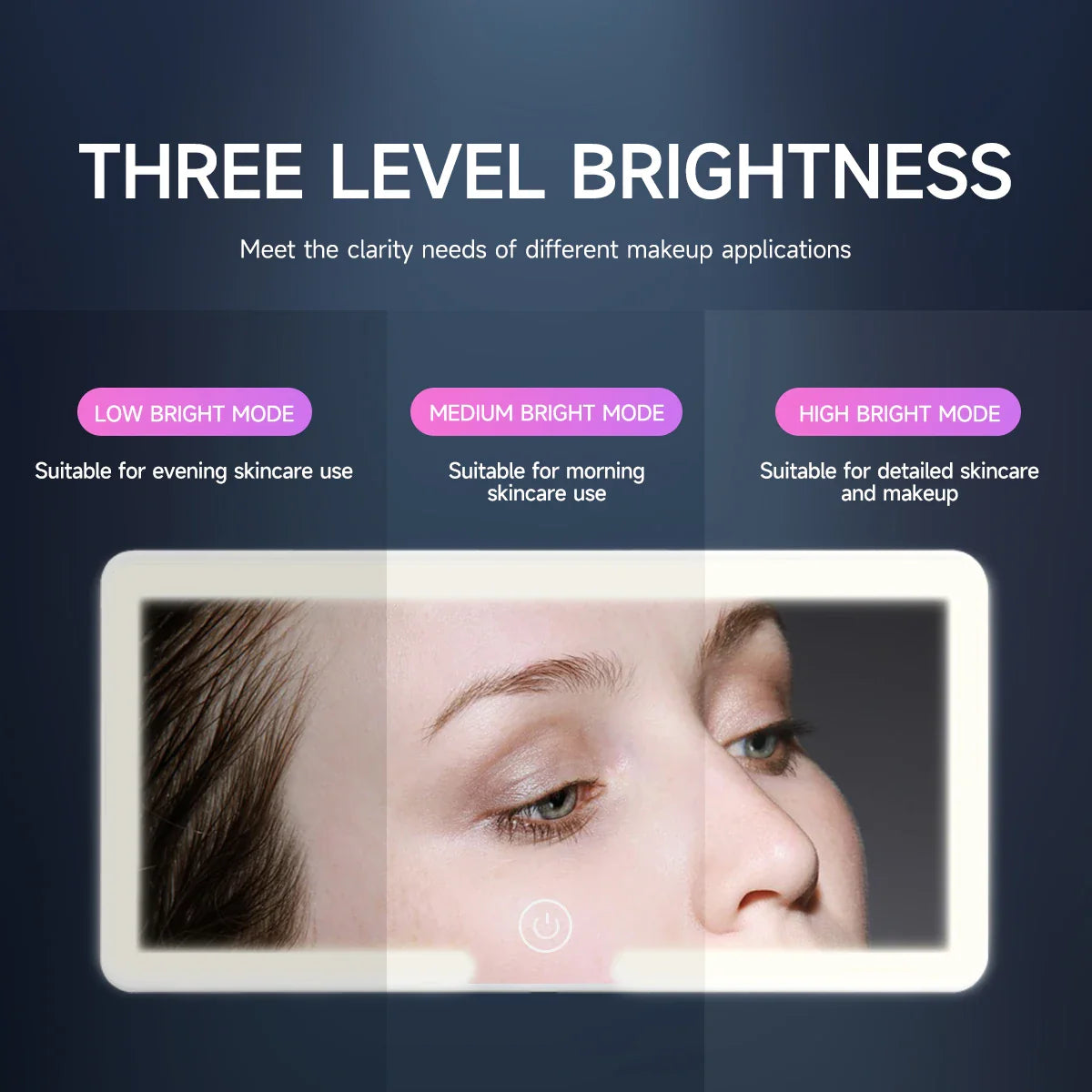 Woman using LED visor vanity mirror in car for makeup

