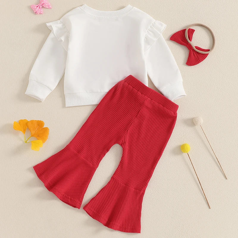 Girls red bow bellbottom outfit for toddlers and kids on white background

