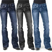 Vintage American Style Mid Waist Flared Jeans for women, slimming and stylish denim for retro fashion.