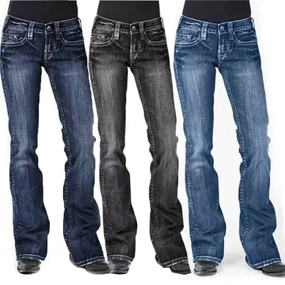 Vintage American Style Mid Waist Flared Jeans for women, slimming and stylish denim for retro fashion.