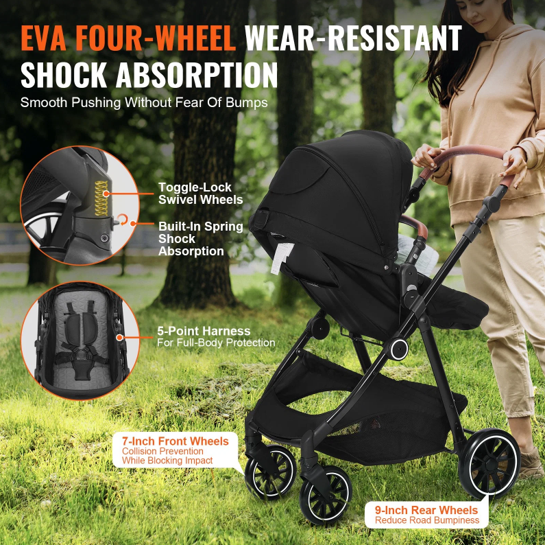 Standard baby stroller with bassinet, foldable design, and reversible seat

