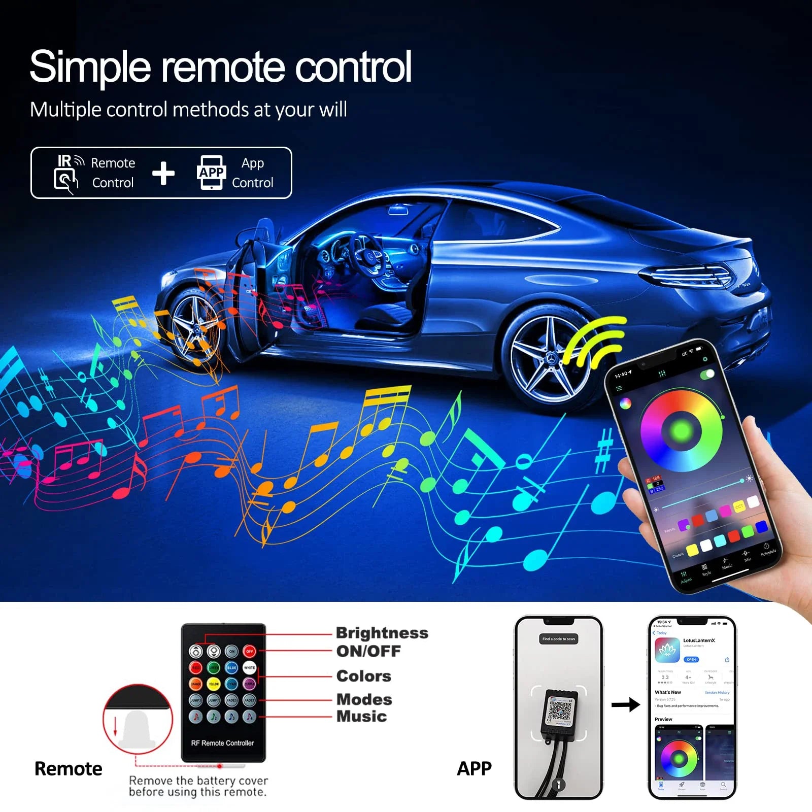 RGB LED Fiber Optic Ambient Strip Lights glowing in car interior