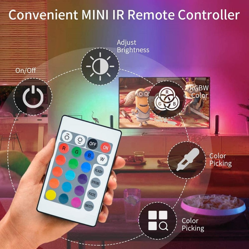 Bluetooth Control RGB Strip Lights glowing in a vibrant bedroom setup