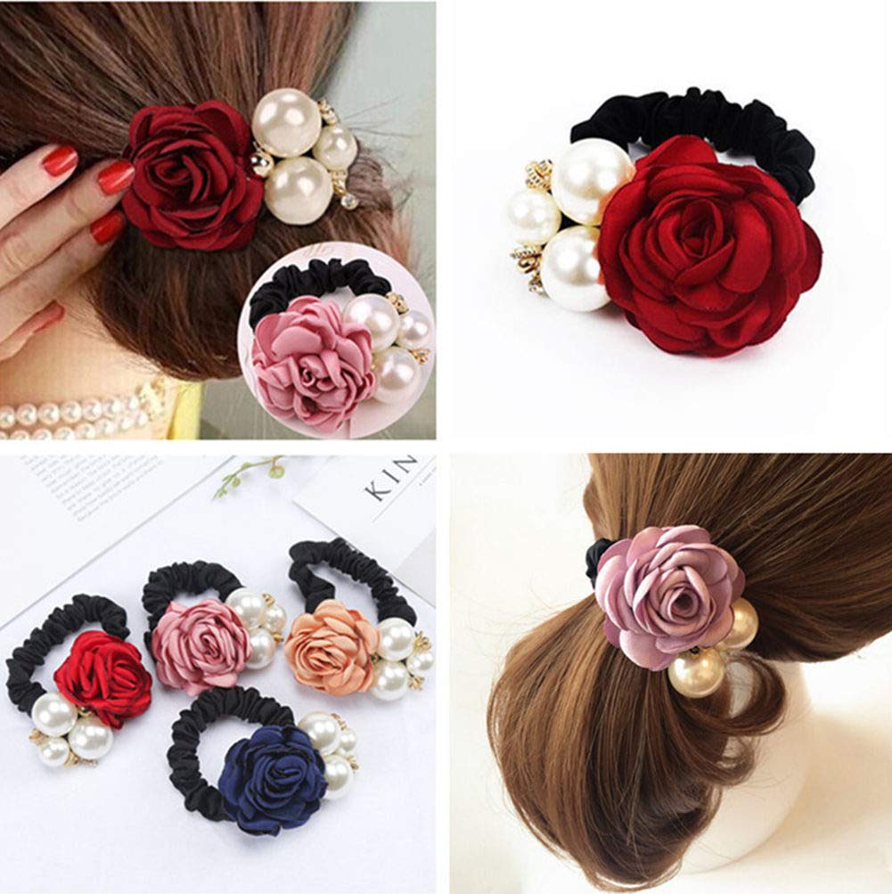 LOVEF Korean fashion pearl hair rope with rose flower and rhinestone accents