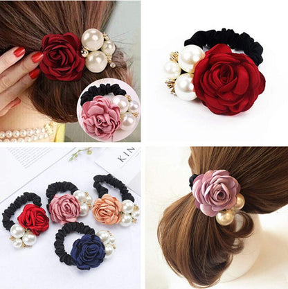 LOVEF Korean fashion pearl hair rope with rose flower and rhinestone accents