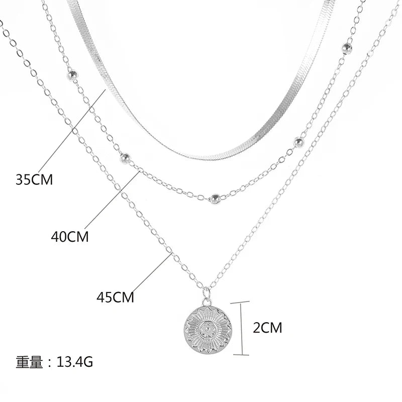 925 sterling silver three layer necklace with round charm