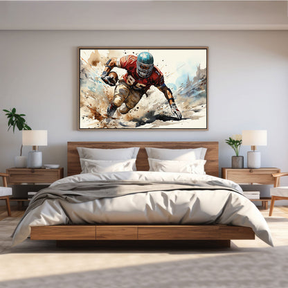 Rugby canvas painting with vibrant sports design and wooden frame