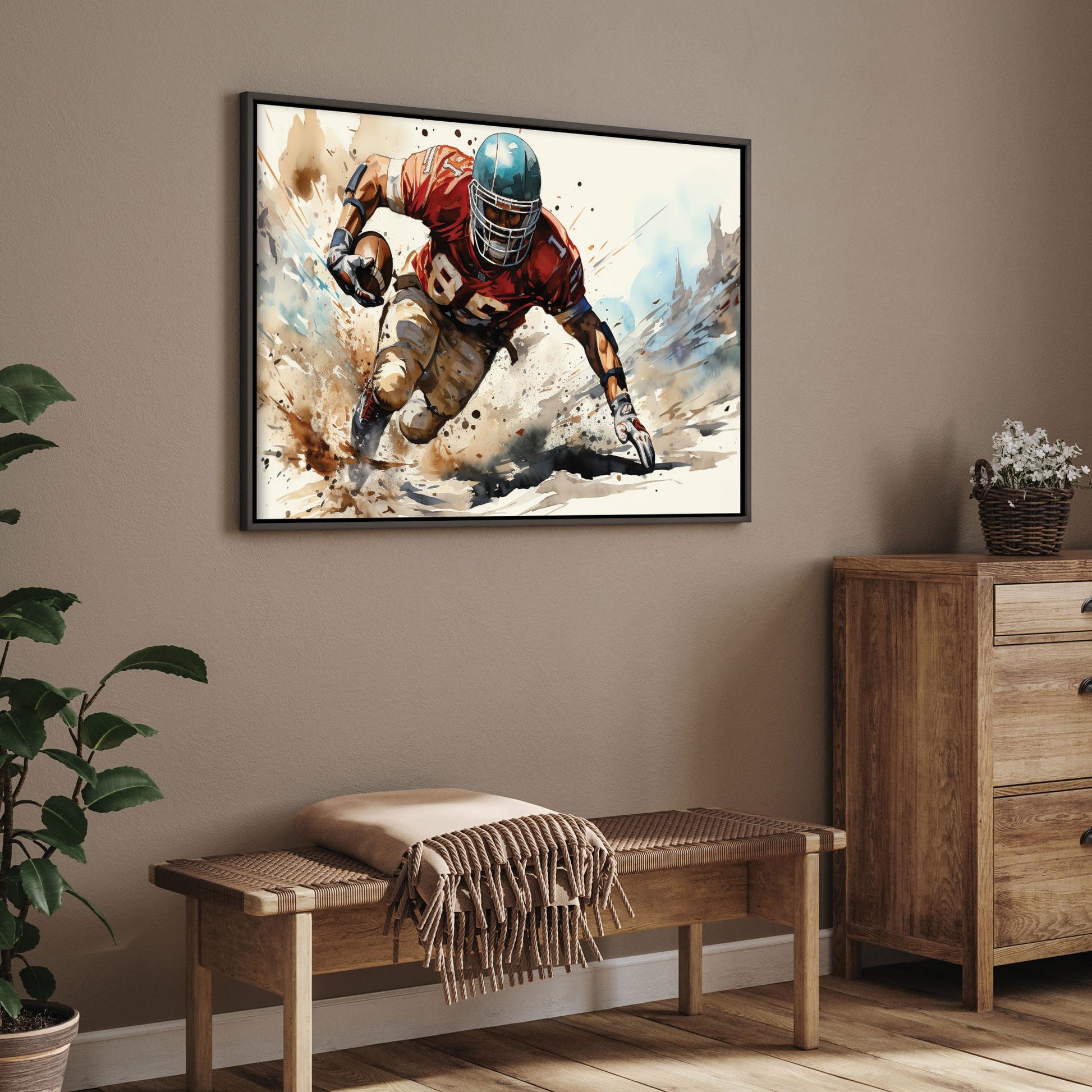 Rugby canvas painting with vibrant sports design and wooden frame