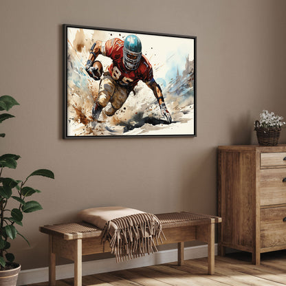 Rugby canvas painting with vibrant sports design and wooden frame