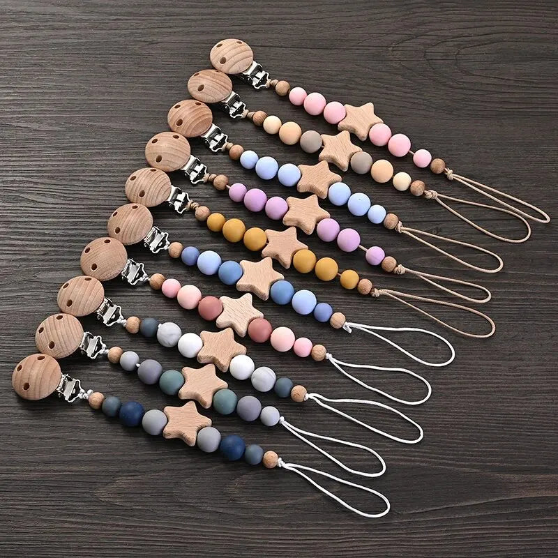Baby pacifier chain with wooden pentagram teether and silicone beads for teething relief
