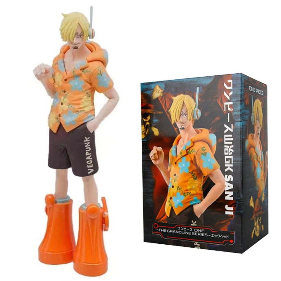 "Straw Hat crew action figures from One Piece Egghead Arc featuring Luffy, Zoro, Nami, Sanji, and more in futuristic outfits."

