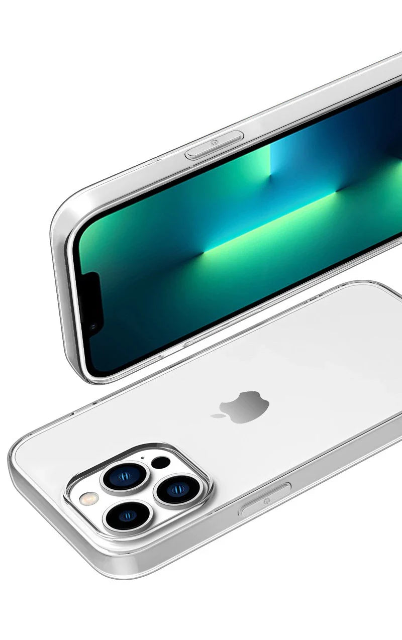 Ultra thin clear silicone case for iPhone, showing the back cover with the Apple logo visible through the transparent material.