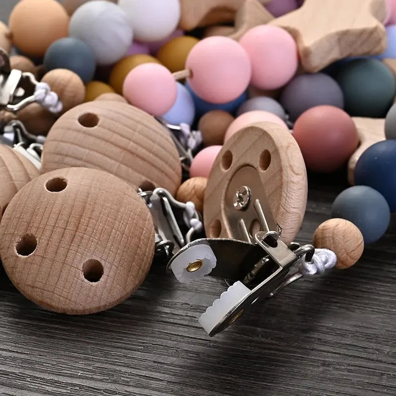 Baby pacifier chain with wooden pentagram teether and silicone beads for teething relief