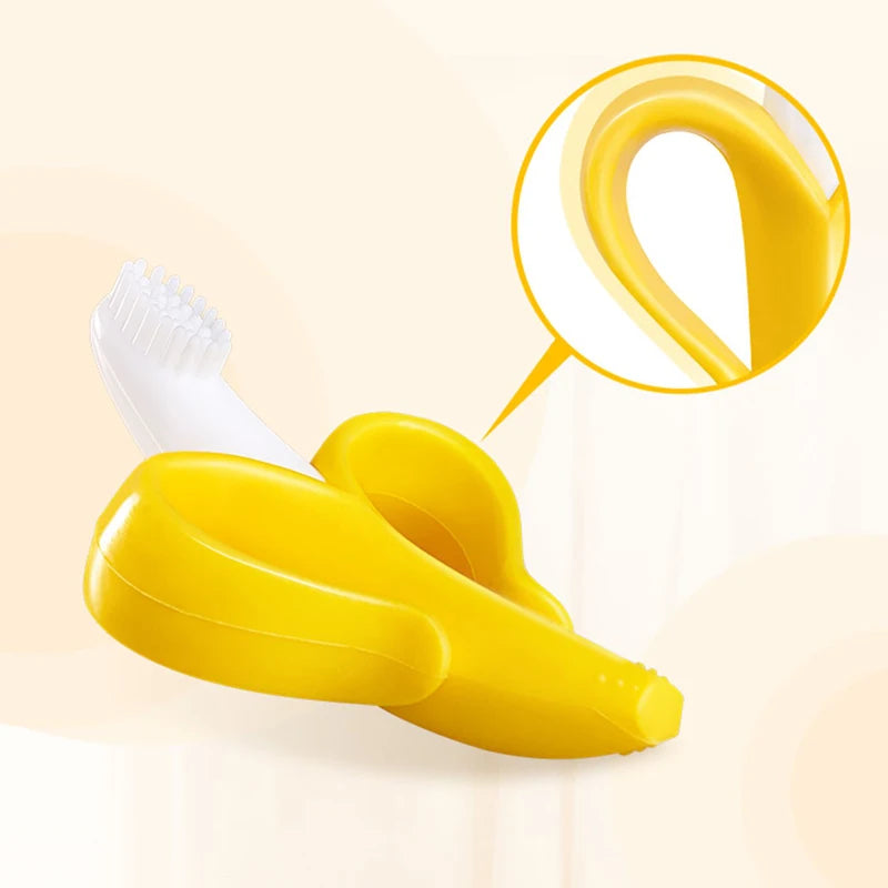 Banana-shaped baby silicone teether and training toothbrush