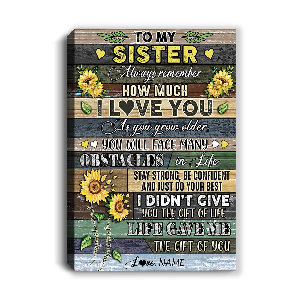 Personalized sister canvas with sunflower design and custom name on wooden frame