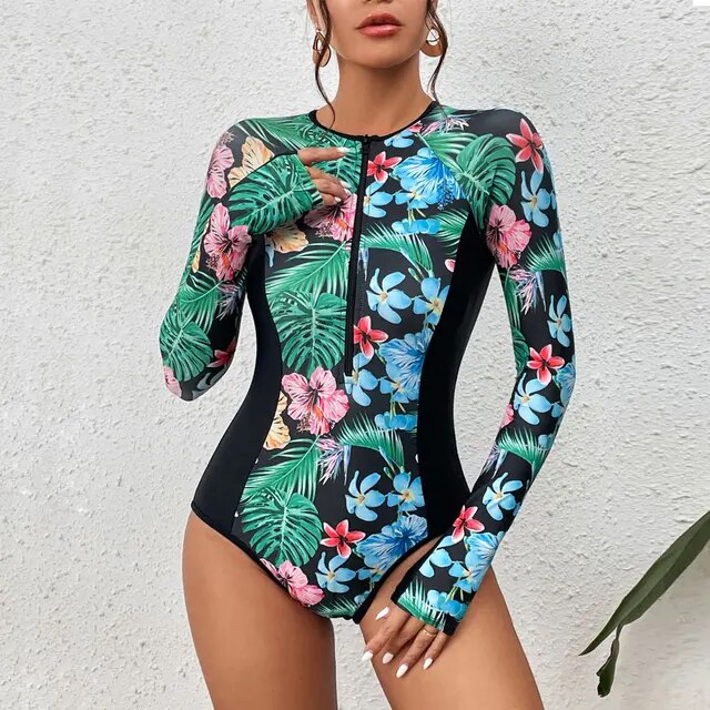 Surfing Long Sleeve Swimwear Print Bathing Suit Women