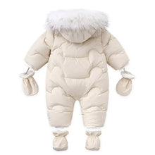 Baby winter down jumpsuit with hood for cold and snowproof outdoor wear

