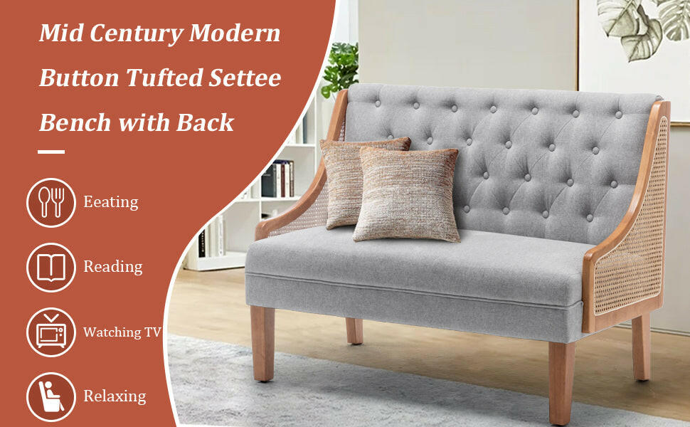 Sofas Loveseats – Yongqiang Upholstered Settee Bench Small Loveseat Sofa with Rattan Dining Bench and Button Tufted Mini Couch in Grey