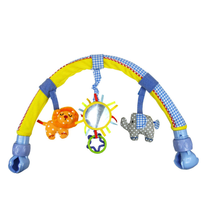 Baby stroller hanging toy with plush animal and clip for easy attachment

