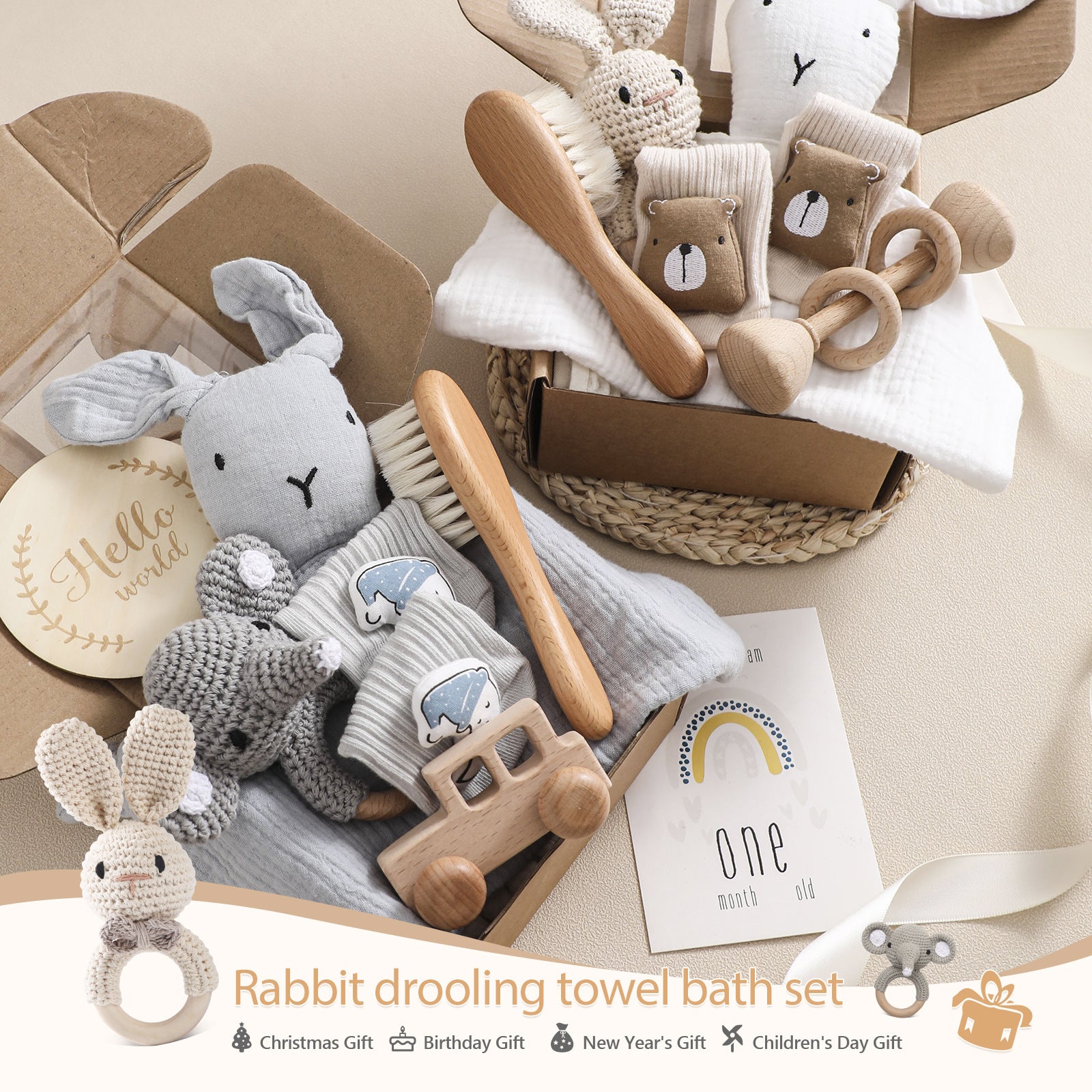 Infant bath towel gift set with rabbit toy and baby rattle for newborns

