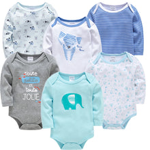 A set of six various colored baby bodysuits with long sleeves, featuring different patterns such as stripes, solid colors, and animal graphics.