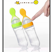 Baby silicone feeding bottle with spoon tip for mess-free feeding

