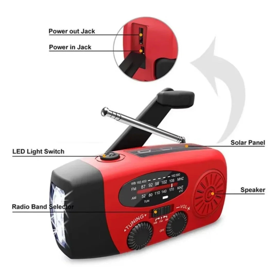High-Power Outdoor Emergency Radio with Solar and Hand Crank Power, AM/FM Reception, and Disaster Prevention Features for Camping and Survival