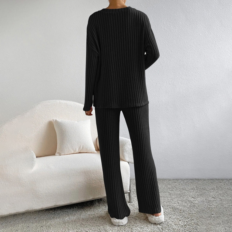 Women's 2-piece ribbed outfit with V-neck long sleeve top and straight-leg pants in solid color for fall and winter