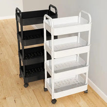 Two multi-layer trolley racks, one black and one white, with multiple shelves, mounted on wheels and placed on a wooden floor against a wall.
