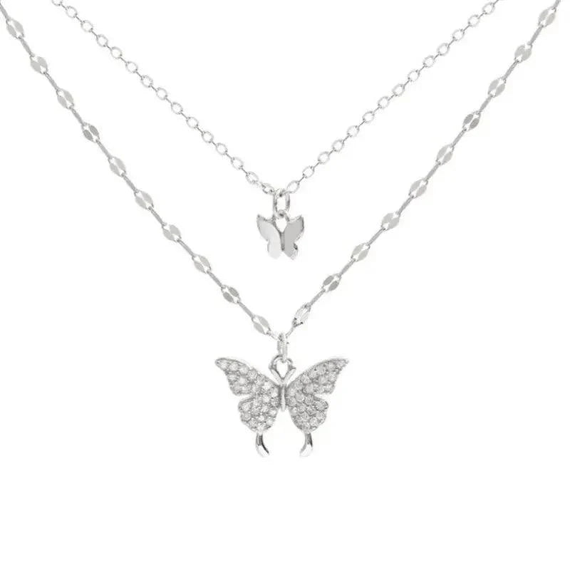 Women's double layer butterfly necklace with sparkling silver chain
