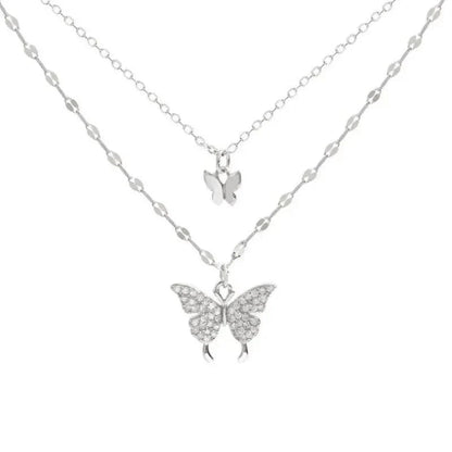 Women's double layer butterfly necklace with sparkling silver chain