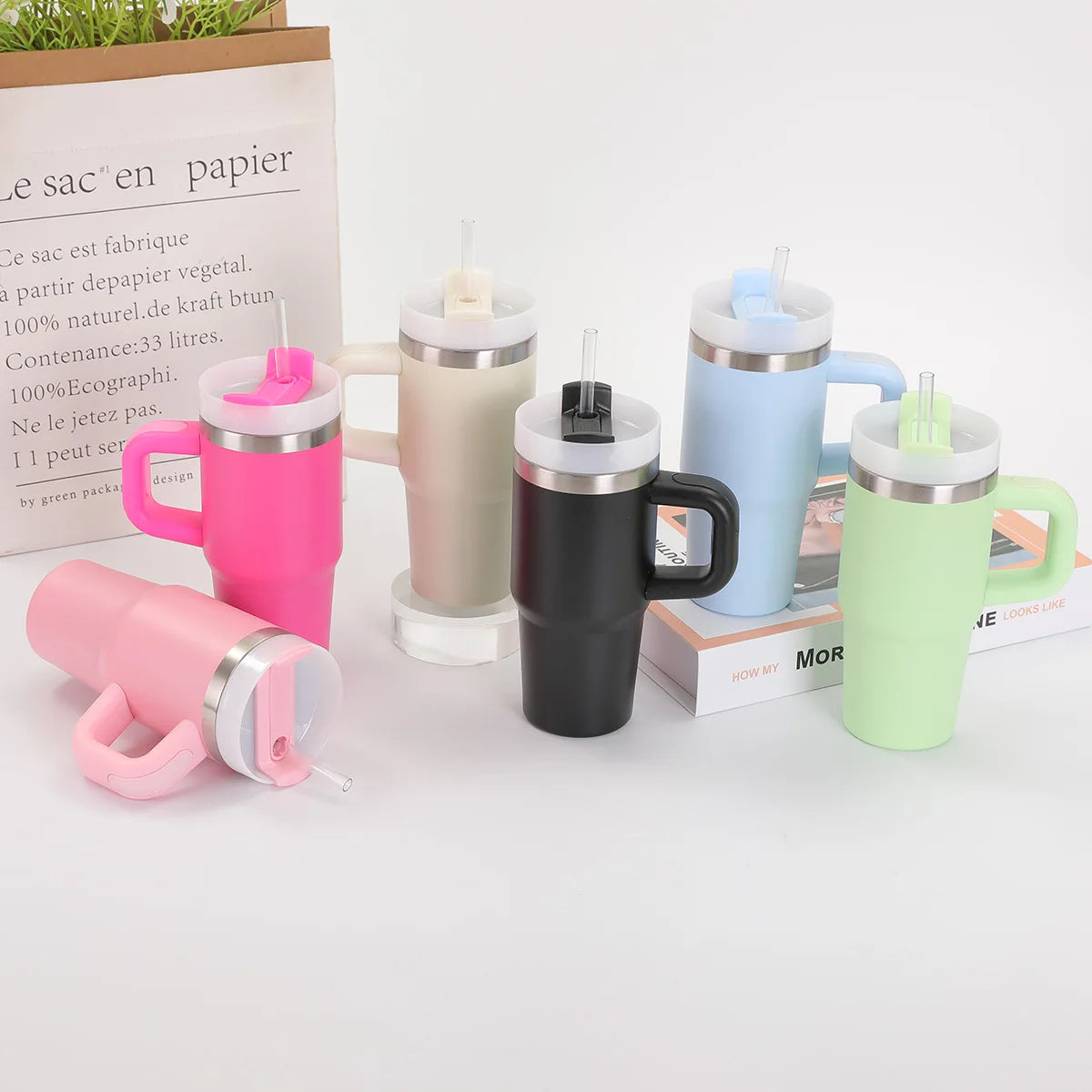 14oz stainless steel travel mug with handle and double-layer insulation