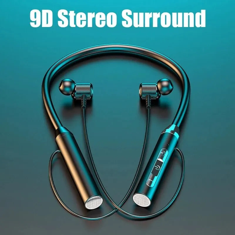 Bluetooth neckband headphones with HiFi 9D stereo and magnetic design