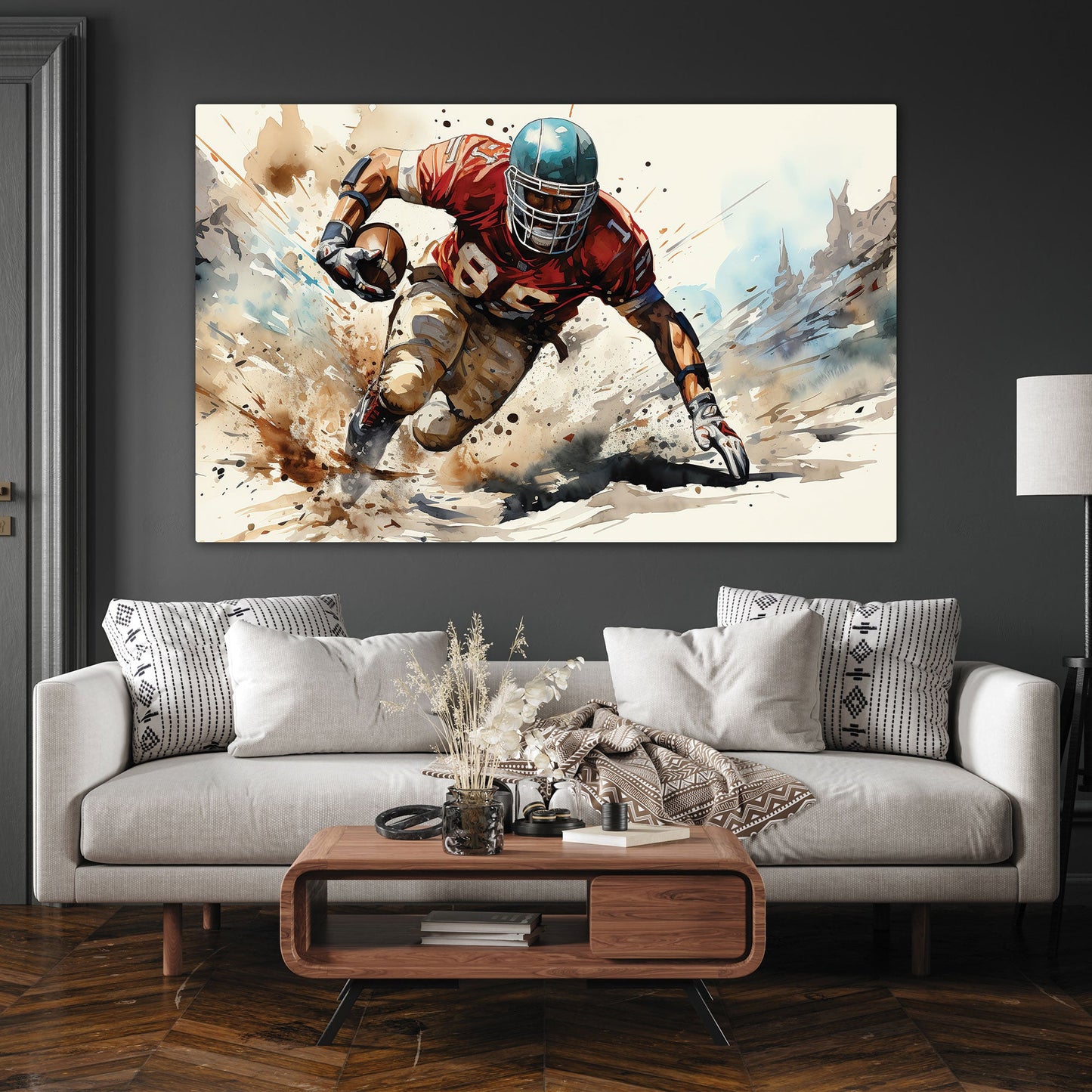 Rugby canvas painting with vibrant sports design and wooden frame