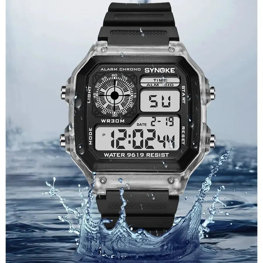 Digital sports watch with waterproof design and 7-color LED lights

