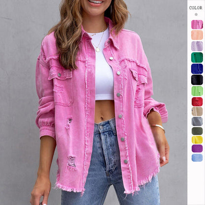 Fashion Ripped Shirt Jacket for Women in Autumn and Spring

