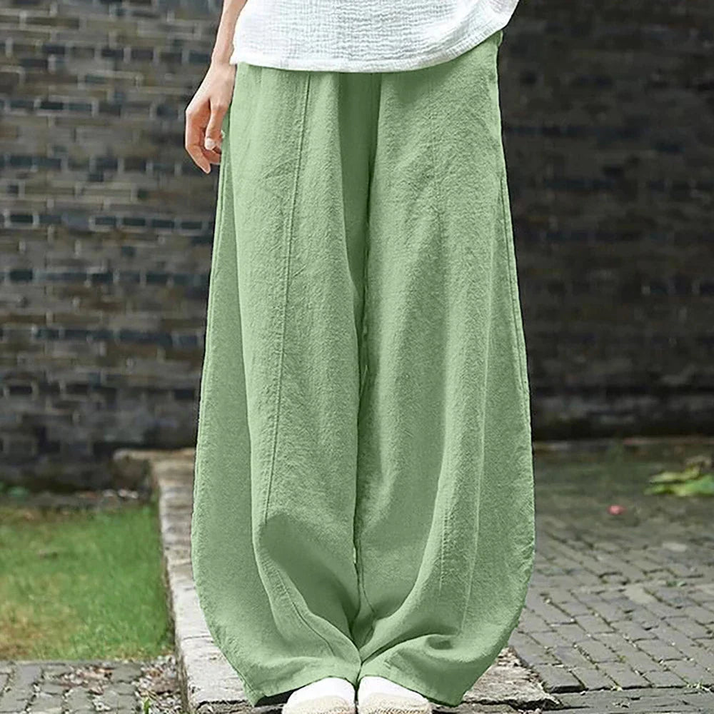 Spring Summer Cotton Linen Style Bloomers Wide Leg Pants for women, vintage full-length elastic waist trousers.