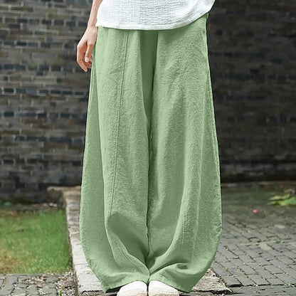 Spring Summer Cotton Linen Style Bloomers Wide Leg Pants for women, vintage full-length elastic waist trousers.