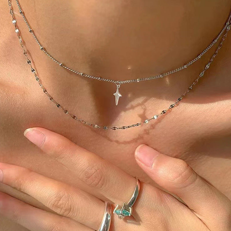 Vintage alloy star pendant necklace with layered collarbone chain