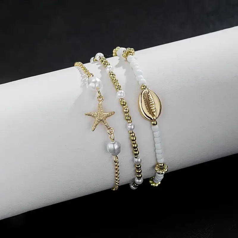 3-piece beach anklet set with starfish and shell charms