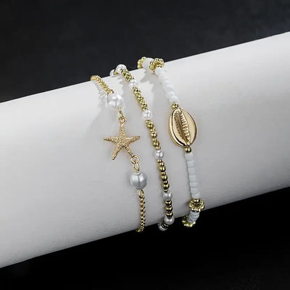 3-piece beach anklet set with starfish and shell charms