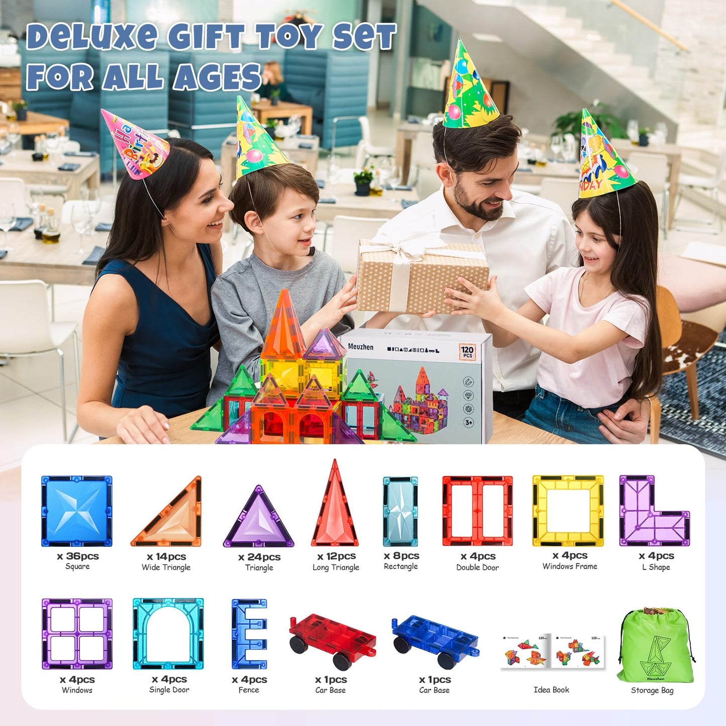120Pcs Magnetic Tiles with 2 Cars Building Set for Kids 3-6