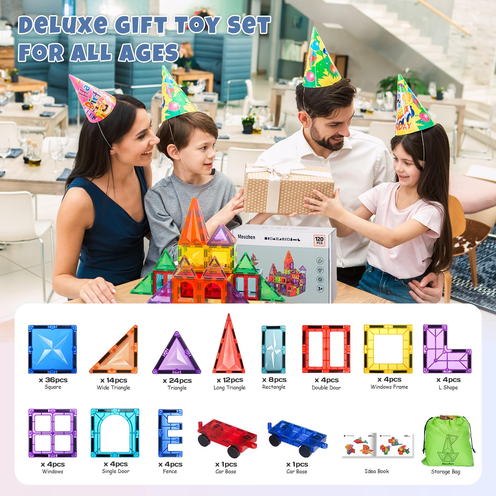 120Pcs Magnetic Tiles with 2 Cars Building Set for Kids 3-6