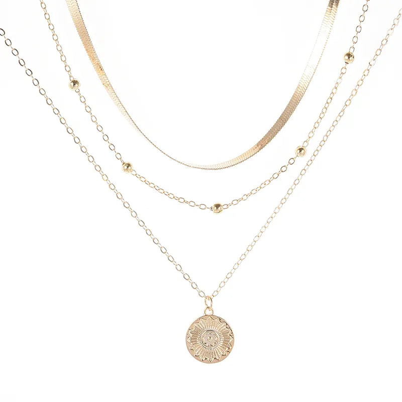 925 sterling silver three layer necklace with round charm