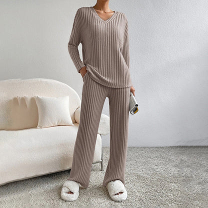 Women's 2-piece ribbed outfit with V-neck long sleeve top and straight-leg pants in solid color for fall and winter