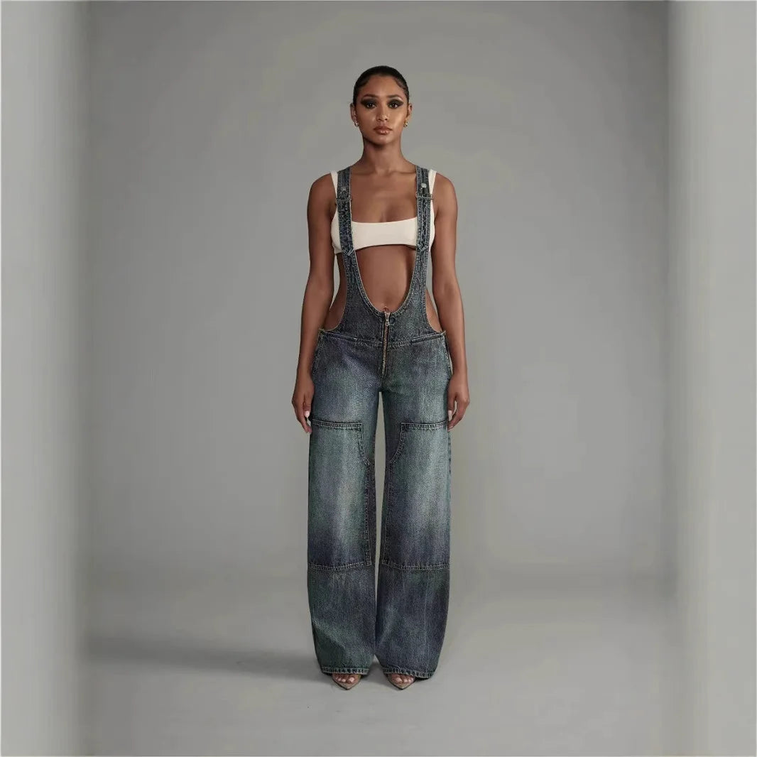 Women's Backpack Pants Street Style Low Waisted Strappy One-Piece Wide Leg Jeans, perfect for trendy 2025 fashion