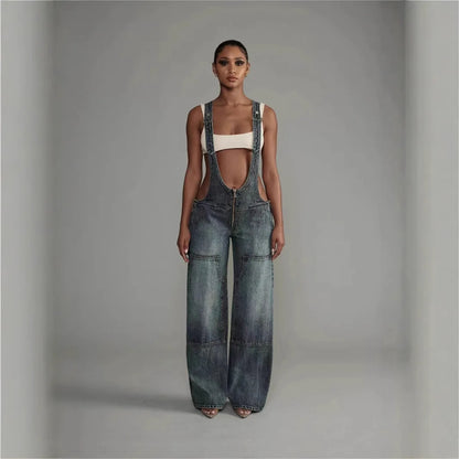 Women's Backpack Pants Street Style Low Waisted Strappy One-Piece Wide Leg Jeans, perfect for trendy 2025 fashion