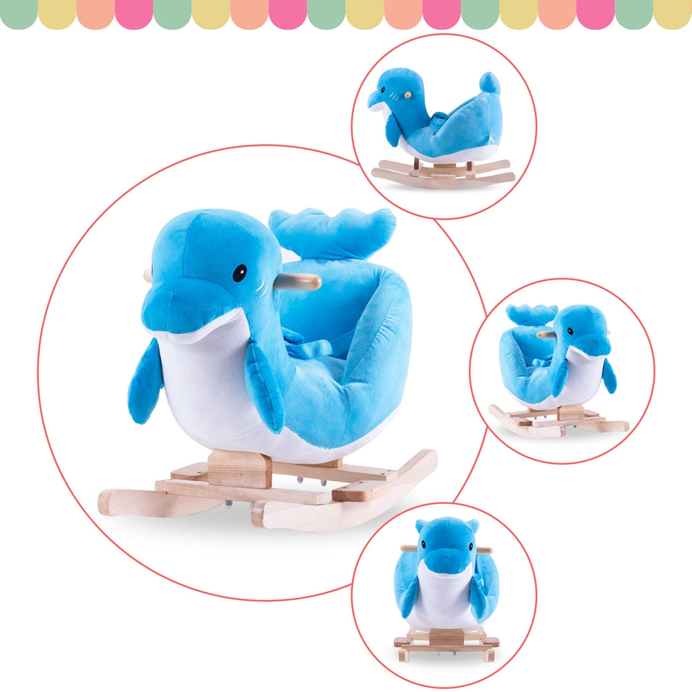 Plush rocking horse toy for kids with soft seat and sturdy wooden rocker

