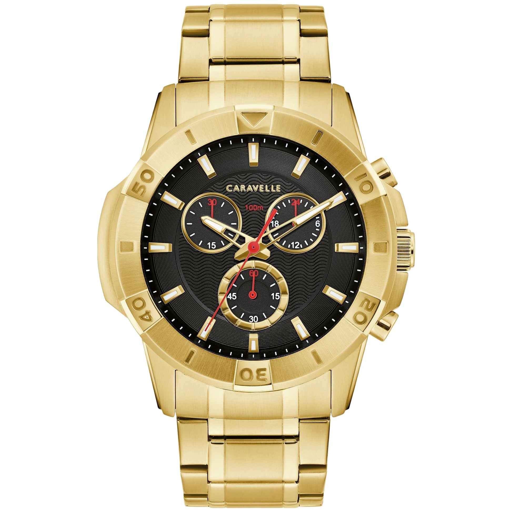 Caravelle men's black dial watch with bold Aqualuxx design and leather strap

